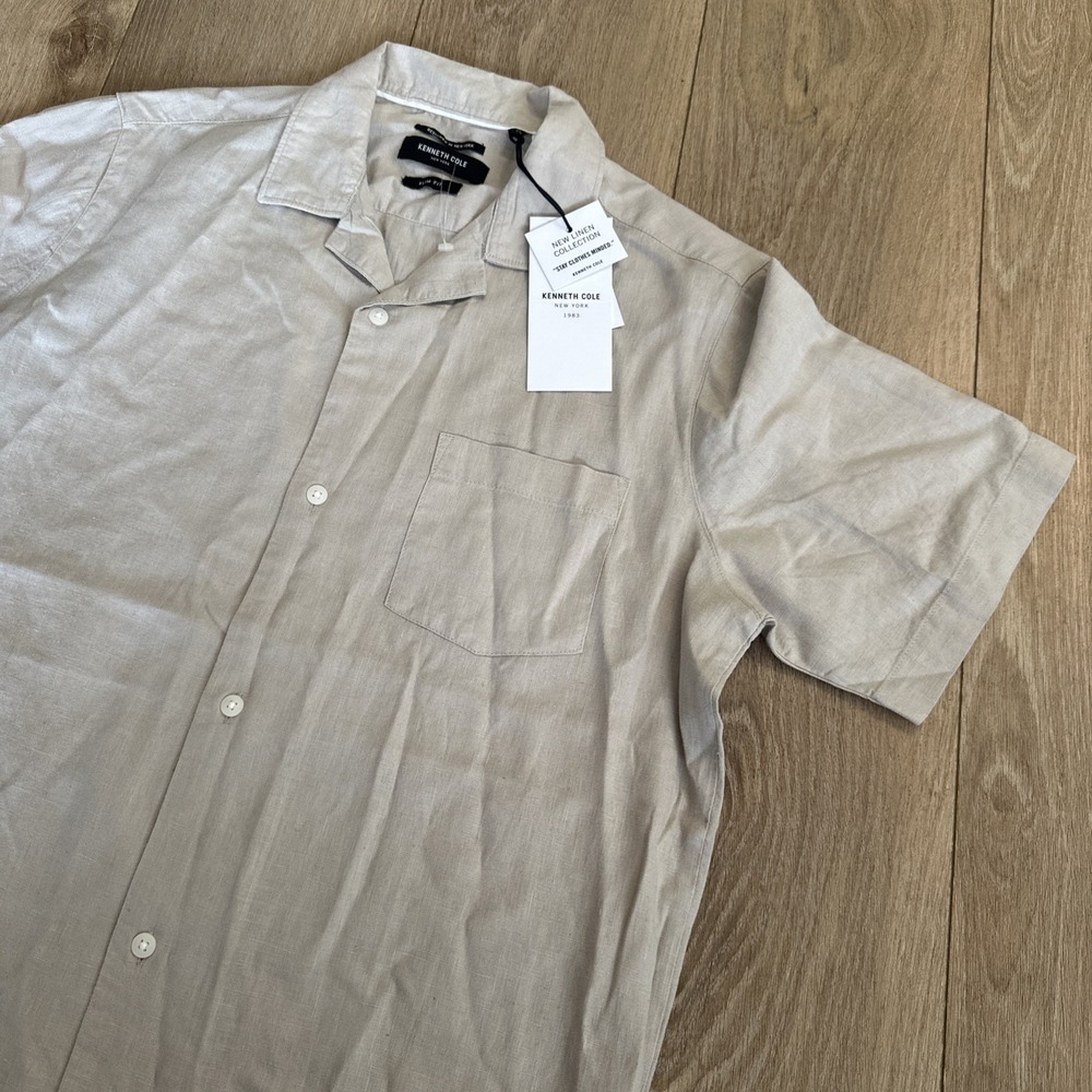 Kenneth Cole Men's Linen Blend Beige SS Slim Fit Button Shirt Medium‎ NEW